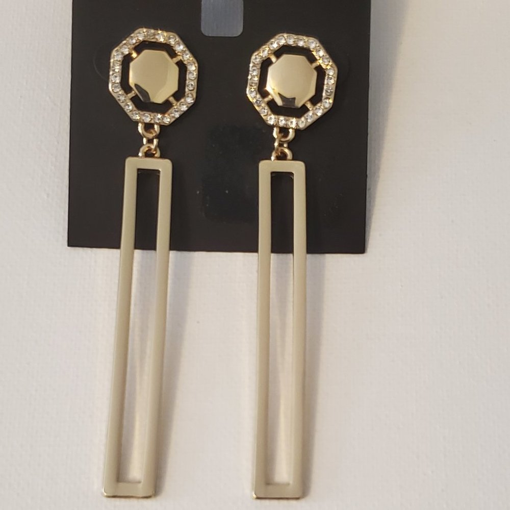 GOLD TONE OCTAGON WITH GEMS AND BAR DROP EARRINGS